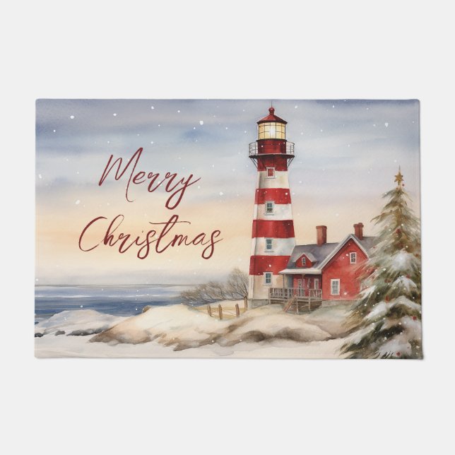 Beautiful Winter Lighthouse Scene Merry Christmas Doormat (Front)