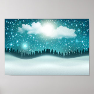 Beautiful winter night forest landscape poster