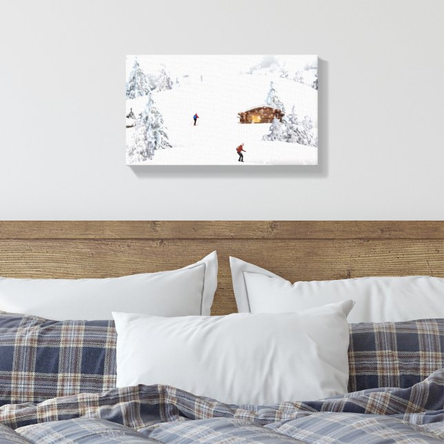Beautiful Winter Scene Cabin Skiers  Canvas Print (Insitu(Bedroom))