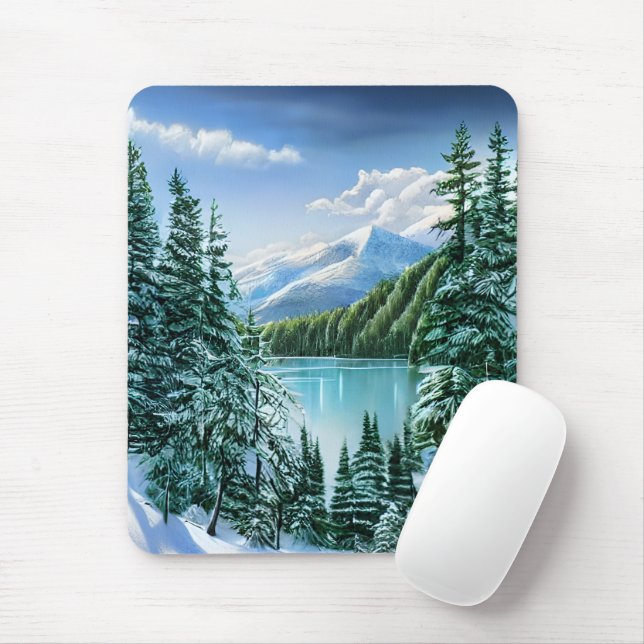 Beautiful Winter Sky Mountain Lake Mouse Mat (With Mouse)