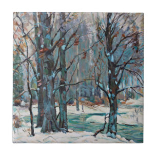 Beautiful Winter Snow Scene with Blues and Greys Tile