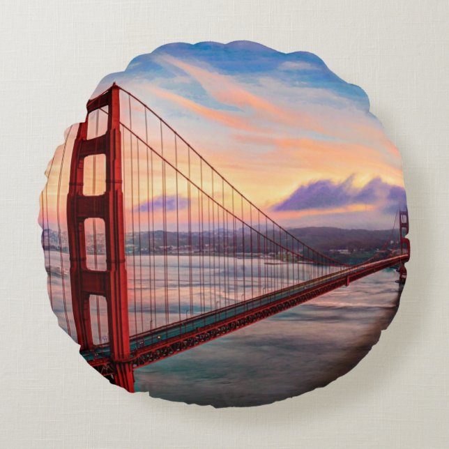 Beautiful winter sunset at Golden Gate Bridge Round Cushion (Front)