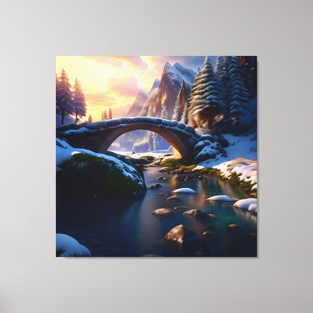 Beautiful Winter Waterfall Water under Bridge 3 Canvas Print (Front)