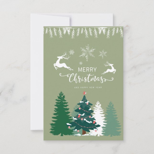 Beautiful winter weather green trees deers Xmas Card (Front)