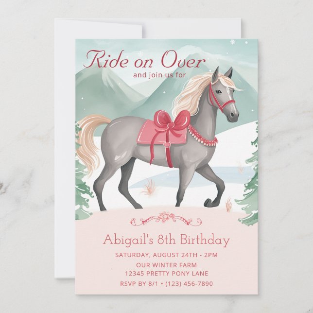 Beautiful Winter Woodland Pink Horse Birthday Invitation (Front)
