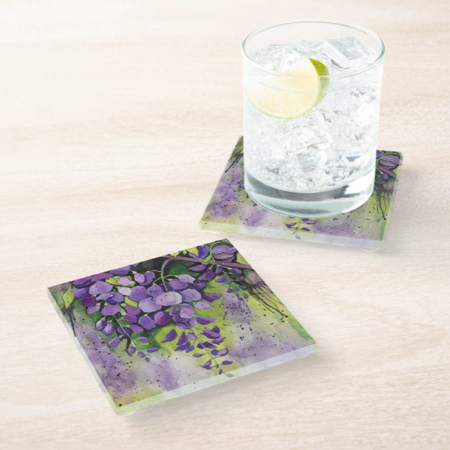 Beautiful Wisteria Flowers In Watercolor  Glass Coaster (Angled)