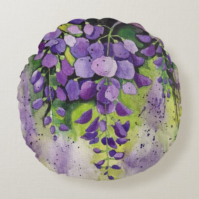 Beautiful Wisteria Flowers In Watercolor  Round Cushion (Front)