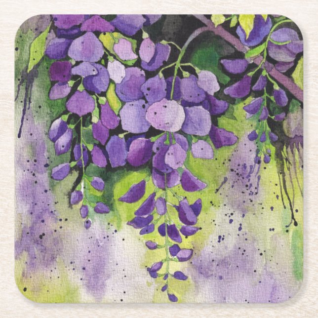 Beautiful Wisteria Flowers In Watercolor Square Paper Coaster (Front)