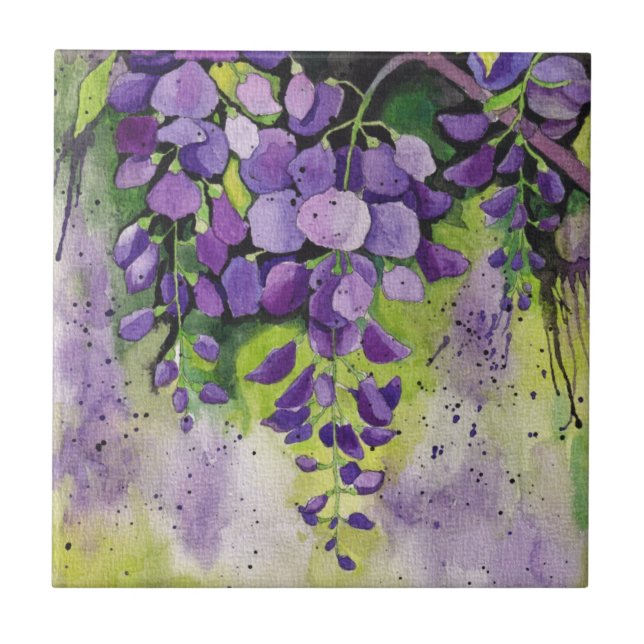 Beautiful Wisteria Flowers In Watercolor Tile (Front)