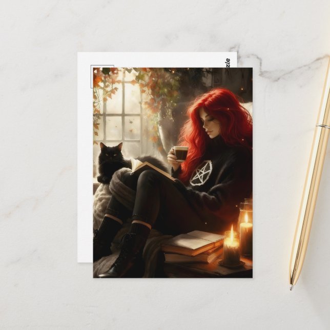 beautiful witch and cat enjoying tea and a book postcard (Front/Back In Situ)