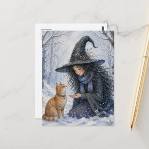 Beautiful Witch and Ginger Cat in Winter Forest Postcard