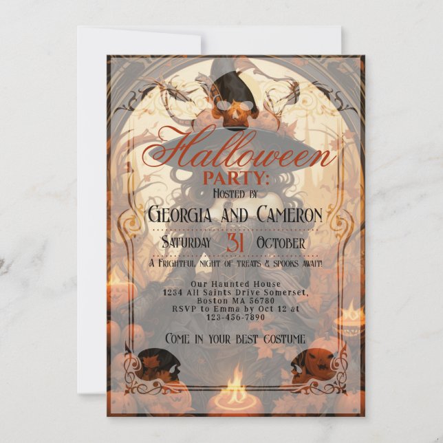 Beautiful witch girl in black dress invitation (Front)