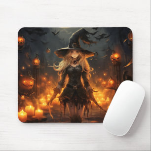 Beautiful Witch Halloween Night Pumpkins Mouse Mat