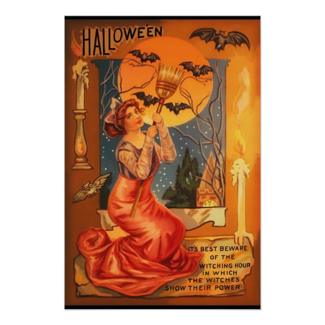 Beautiful Witch Vintage Halloween Greeting Poster (Front)
