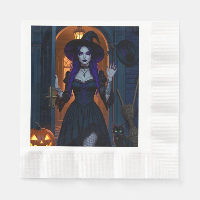 Beautiful Witch with Candelabra Halloween Napkin (Front)