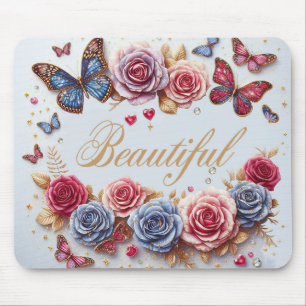 “Beautiful” with butterflies and roses Mouse Mat