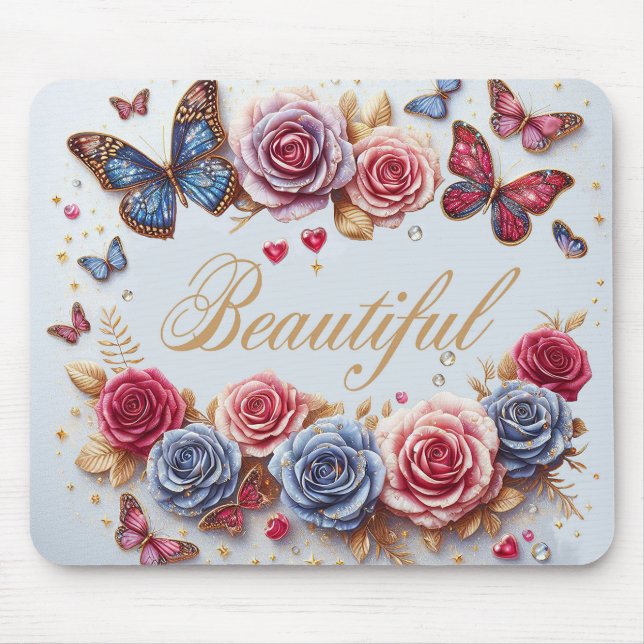 “Beautiful” with butterflies and roses Mouse Mat (Front)