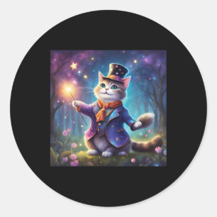 Beautiful Wizard Cat With Glowing Magic Wand Stick Classic Round Sticker