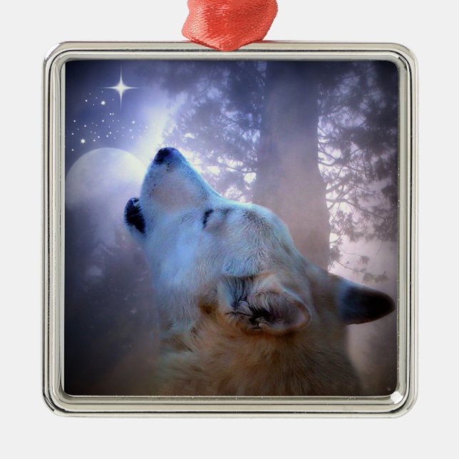 Beautiful Wolf and Moon Christmas Ornament (Front)