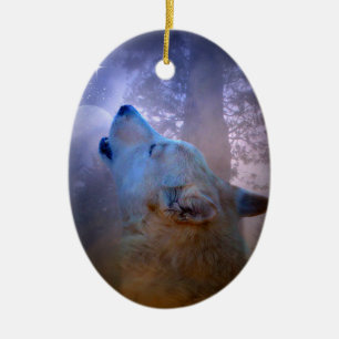 Beautiful Wolf and Moon Xmas Ornament