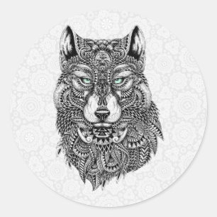 Beautiful Wolf Head Detailed Illustration Classic Round Sticker
