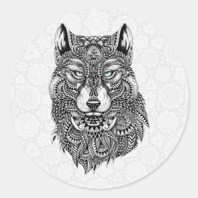 Beautiful Wolf Head Detailed Illustration Classic Round Sticker (Front)