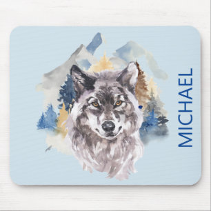 Beautiful Wolf Head Watercolor Forest name Option Mouse Mat
