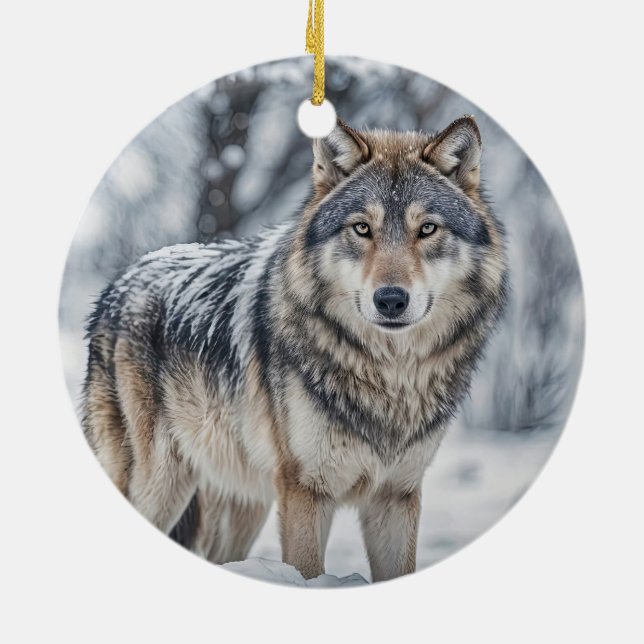 Beautiful Wolf in Snow Christmas Holiday Ceramic Tree Decoration (Back)