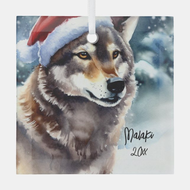 Beautiful Wolf in Snow Glass Tree Decoration (Front)