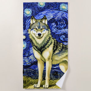 Beautiful Wolf in the Blue Starry Night Beach Towel