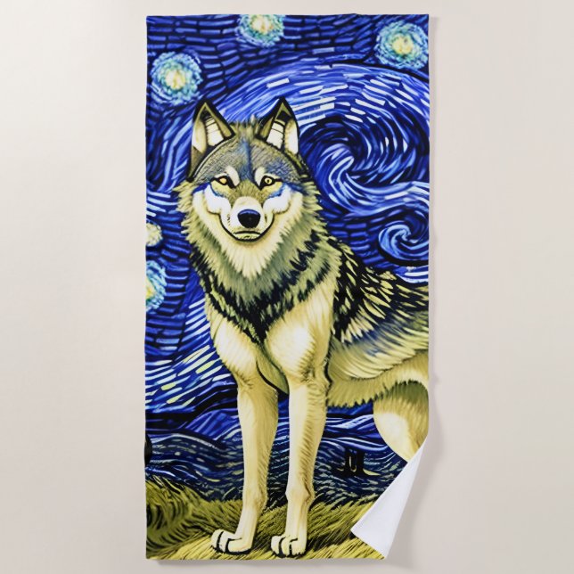 Beautiful Wolf in the Blue Starry Night Beach Towel (Front)