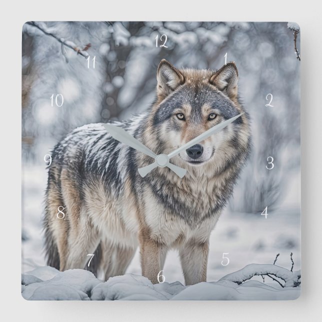 Beautiful Wolf in the Snow Wildlife Square Wall Clock (Front)