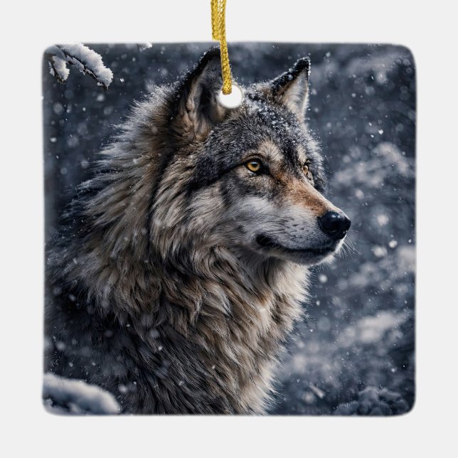 Beautiful Wolf in the Snow Winter Solstice  Ceramic Ornament (Front)