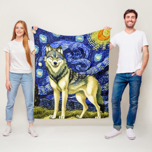 Beautiful Wolf in the Starry Night Fleece Blanket