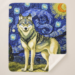 Beautiful Wolf in the Starry Night Sherpa Blanket