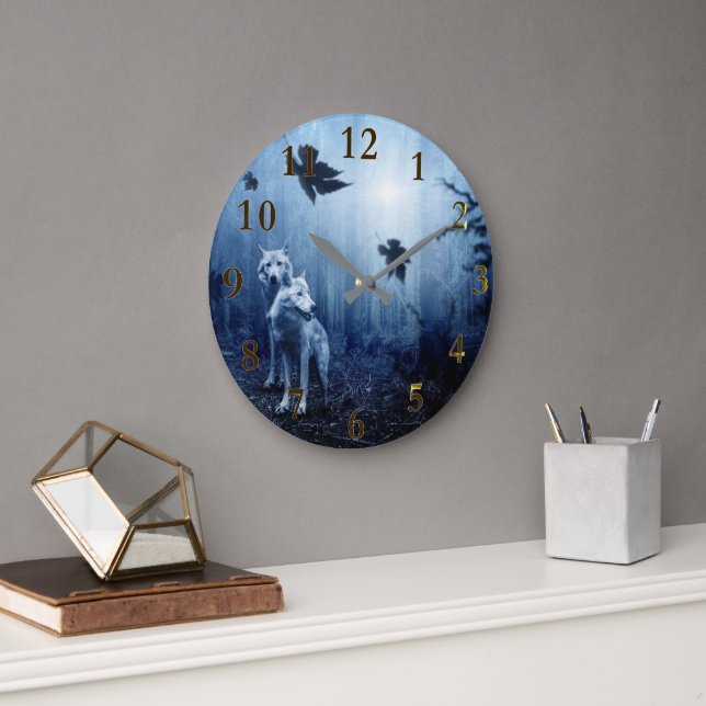 Beautiful Wolf Spirit Animal Forest  Large Clock (Office)
