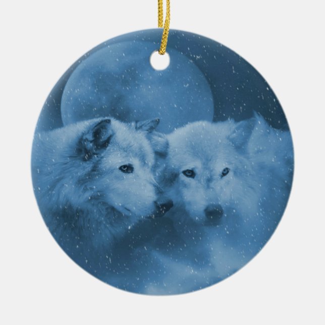 Beautiful Wolves in the Snow Holiday Ornament (Front)