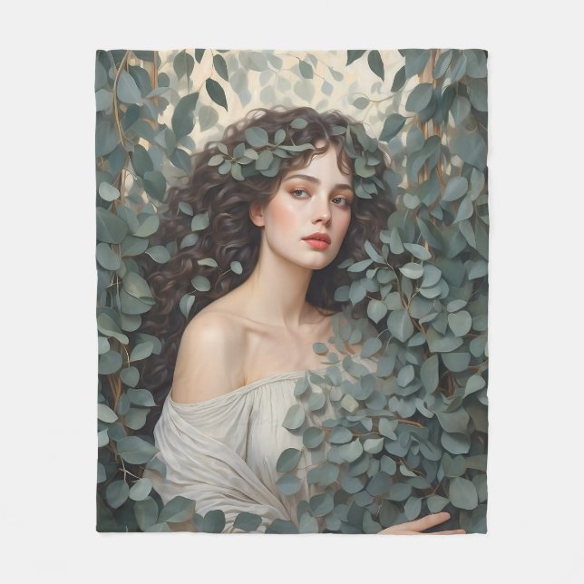 Beautiful Woman Among Eucalyptus Leaves Fleece Blanket (Front)
