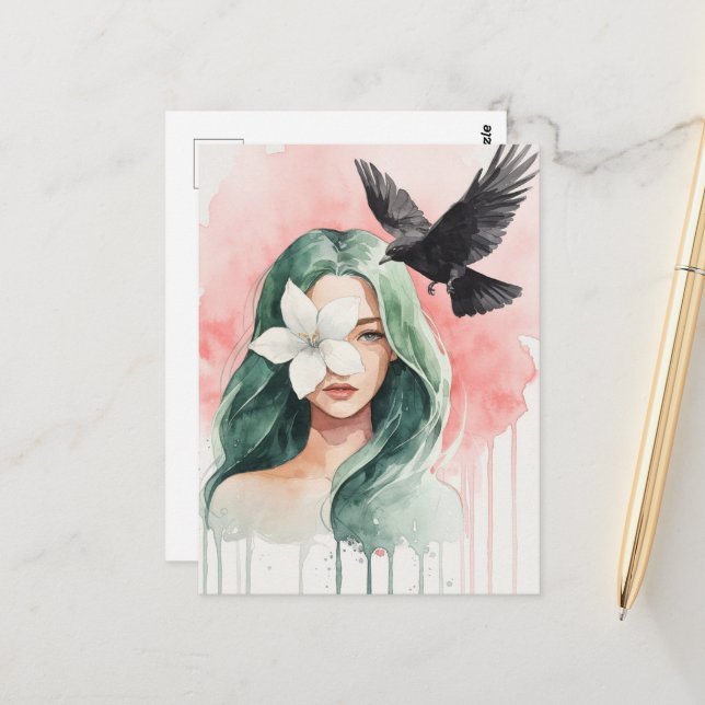 Beautiful Woman and Black Bird Postcard (Front/Back In Situ)