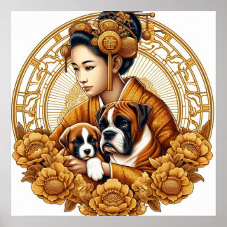 Beautiful Woman, Boxer Mum & Puppies Poster