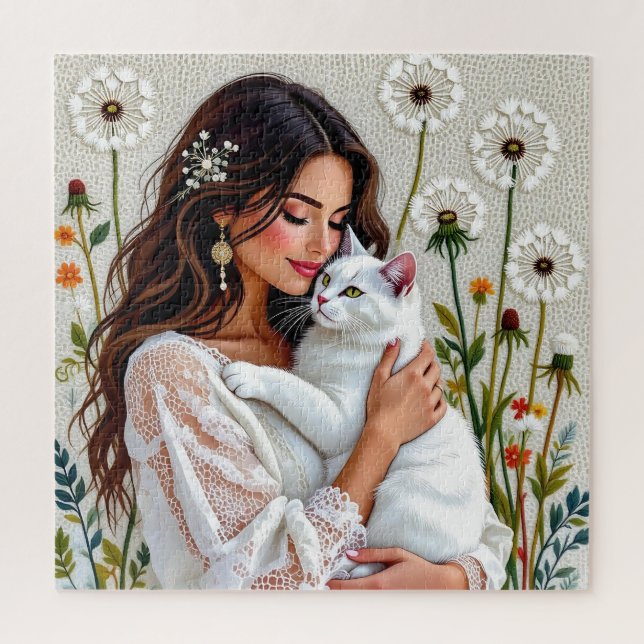 Beautiful Woman, Cat and Dandelions Jigsaw Puzzle (Vertical)