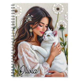 Beautiful Woman, Cat and Dandelions Personalized Notebook