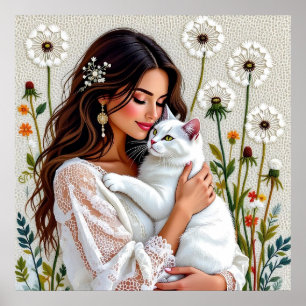 Beautiful Woman, Cat and Dandelions Poster