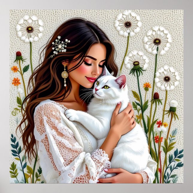 Beautiful Woman, Cat and Dandelions Poster (Front)