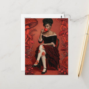 Beautiful Woman Drinks Tea Red Mushrooms Postcard
