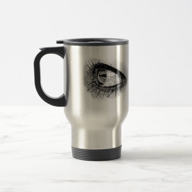 Beautiful woman eye in full mascara travel mug (Left)