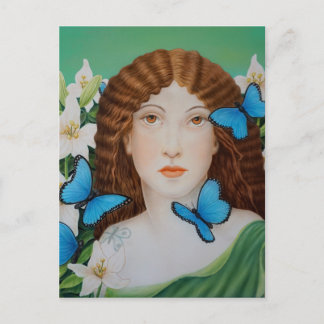 Beautiful Woman Face with Butterfly and Flowers Postcard