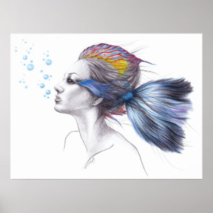 Beautiful woman fish surreal art Poster print