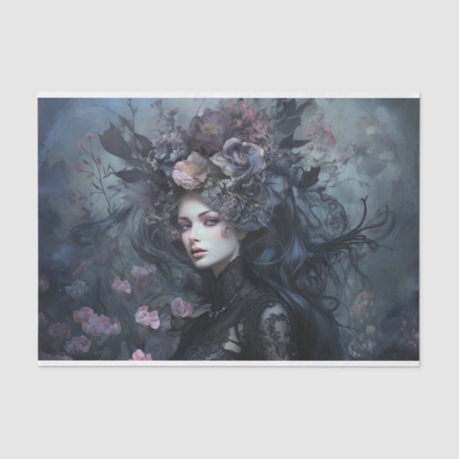 Beautiful Woman Gothic Queen with Flower Decoupage Tissue Paper (Front)