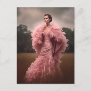 Beautiful Woman in a Pink Feather Dress in a Field Postcard